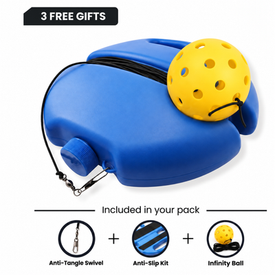 Pickleball At Home Kit: weighted base, ball on cord, anti-tangle swivel, anti-slip kit and a spare Infinity Ball