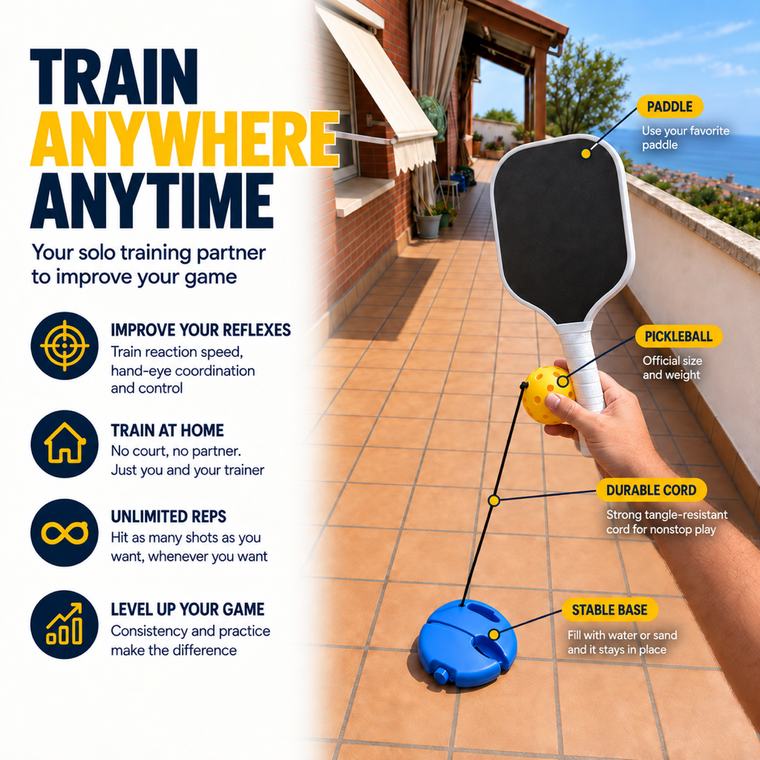 Train anywhere, anytime: paddle, pickleball, durable cord and stable base