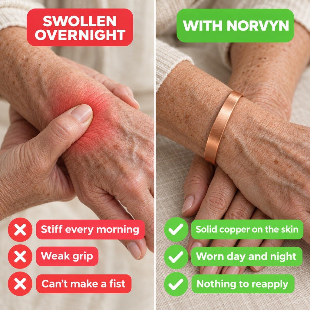 Swollen overnight versus with Norvyn: stiff every morning, weak grip, can't make a fist, against solid copper on the skin, worn day and night, nothing to reapply