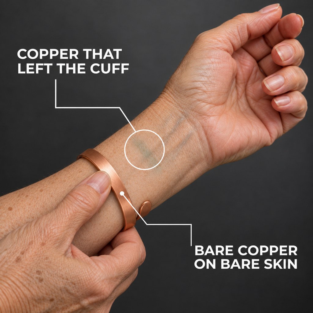 A copper cuff slid up the wrist to show the faint green mark on the skin: copper that left the cuff, bare copper on bare skin