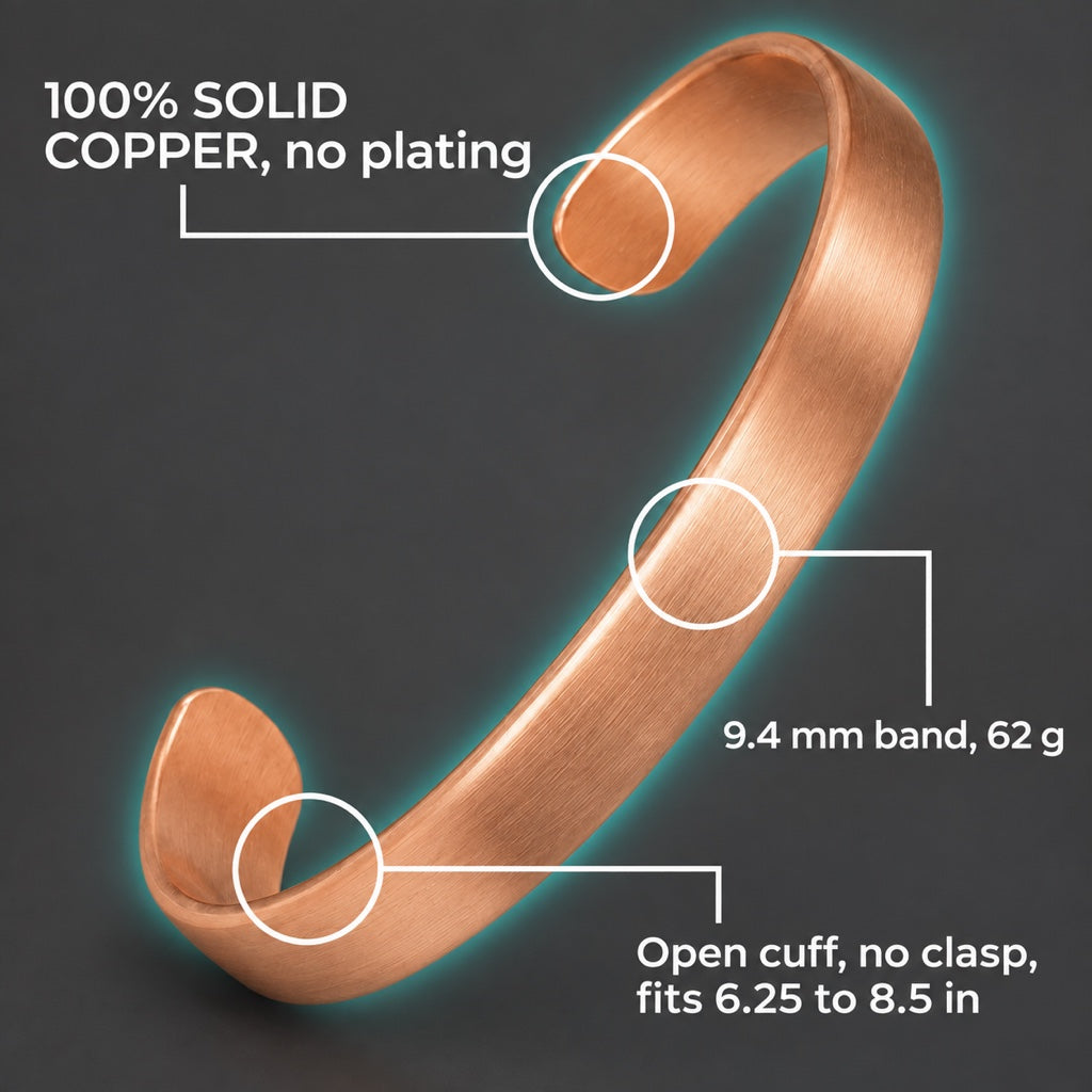 Norvyn cuff callouts: 100% solid copper with no plating, 9.4 mm band at 62 grams, open cuff with no clasp that fits 6.25 to 8.5 inch wrists